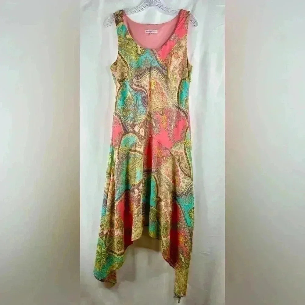 Robbie Bee Boho Paisley Handkerchief Hem Asymmetric Chiffon Crepe Dress Size 12